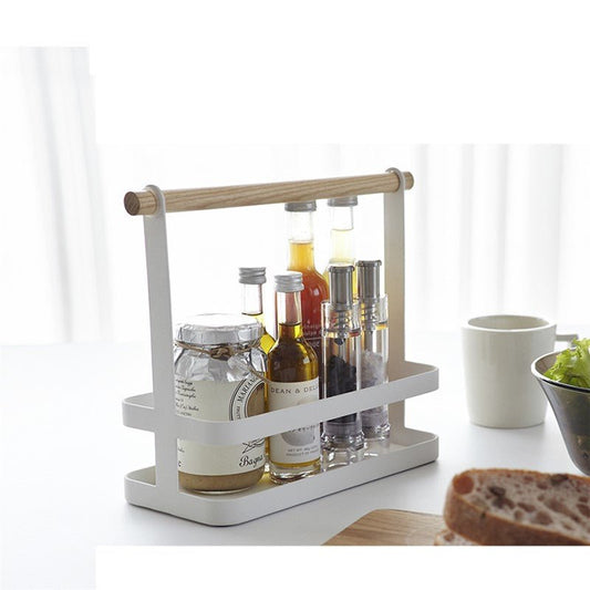 Cesta organizadora para salsas y aceiteras con asa de madera - Stylehomeshopcesta cocinaStylehomeshopStylehomeshopCesta organizadora para salsas y aceiteras con asa de madera